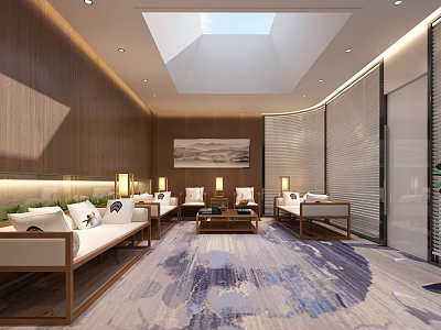 Modern Hotel Public Lounge Area with Wooden Walls Skylight and Patterned Carpet 3d model