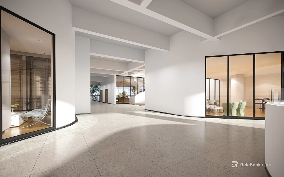 Modern Office Corridor With Spacious Layout Glass Partitions And Natural Light 3d model 