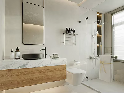 Modern Bathroom Interior With Marble Countertop Wooden Cabinet Black Basin And Mirror 3d model