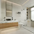 Modern Bathroom Interior With Marble Countertop Wooden Cabinet Black Basin And Mirror
