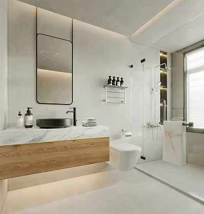 Modern Bathroom Interior With Marble Countertop Wooden Cabinet Black Basin And Mirror 3d model