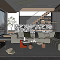 Modern Living And Dining Room Interior With Large Sofa Coffee Table Staircase And Decorative Wall