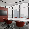 Modern Break Room Interior Design With White Long Table Gray Chairs And Red Cabinets 3d model