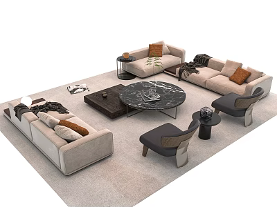 Modern Sofa And Coffee Table Set With Marble Top Throw Pillows Accent Chairs And Area Rug 3d model
