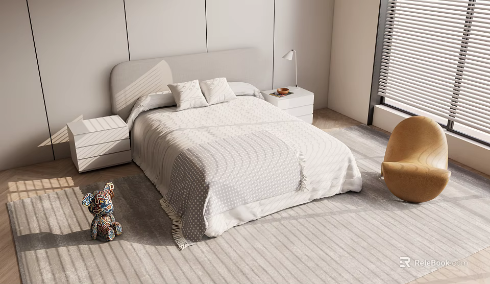 Modern Kids Bed with Soft Bedding Pillow and Nightstand on Carpet with Teddy Bear 3d model 