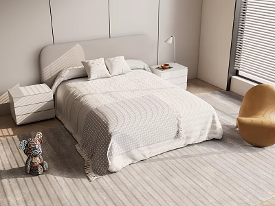 Modern Kids Bed with Soft Bedding Pillow and Nightstand on Carpet with Teddy Bear 3d model
