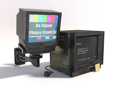 Vintage TVs with Color Bars Screen Showing No Signal and PYE Black Television Set 3d model