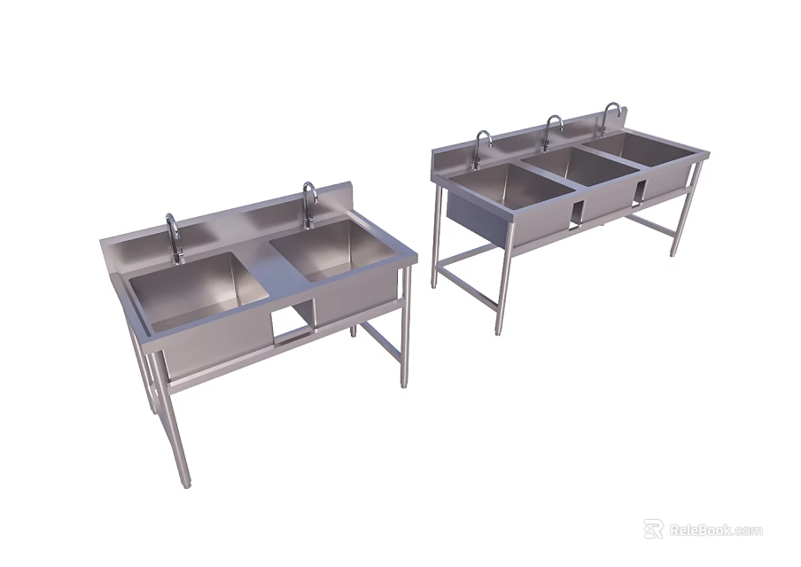 Commercial Kitchen Stainless Steel Double Bowl Sinks With Standing Frames 3d model