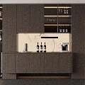 Elegant Modern Wine Cabinet With Wooden Panels Marble Backsplash Wine Bottles And Decorative Sculpture