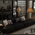 Modern Living Room Interior With Leather Sofa Patterned Pillows Floor Lamp And Plants