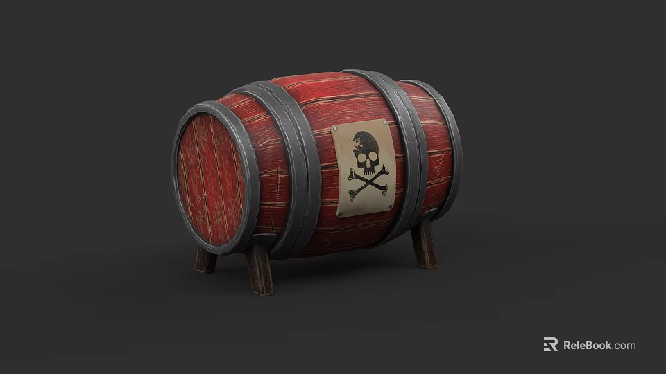 Red Wooden Barrel With Skull And Crossbones Symbol Metal Hoops And Wooden Legs Design 3d model 