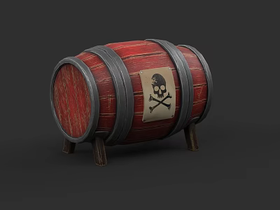 Red Wooden Barrel With Skull And Crossbones Symbol Metal Hoops And Wooden Legs Design 3d model
