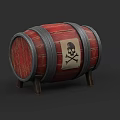 Red Wooden Barrel With Skull And Crossbones Symbol Metal Hoops And Wooden Legs Design