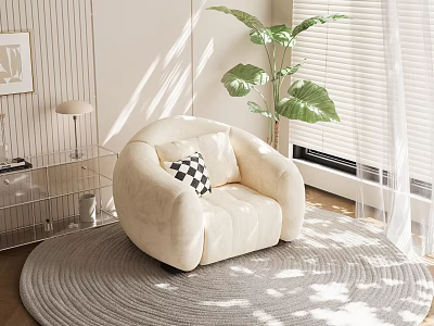 Cozy Living Room With Cream Armchair Round Rug And Large Potted Plant 3d model