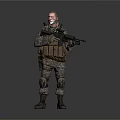 Military Soldier in Camouflage Uniform Holding Rifle With Tactical Gear Standing Isolated on Gray Background