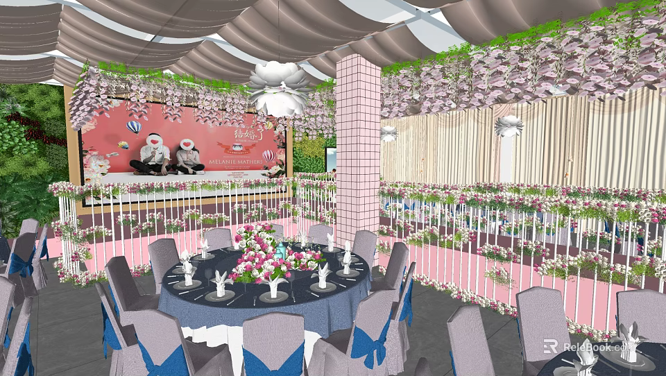 Elegant Banquet Hall With Hanging Flower Decor Round Tables And Chandelier Lighting 3d model 