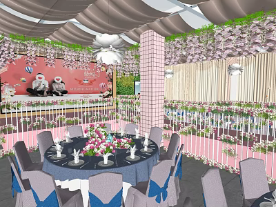 Elegant Banquet Hall With Hanging Flower Decor Round Tables And Chandelier Lighting 3d model
