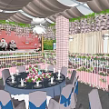 Elegant Banquet Hall With Hanging Flower Decor Round Tables And Chandelier Lighting