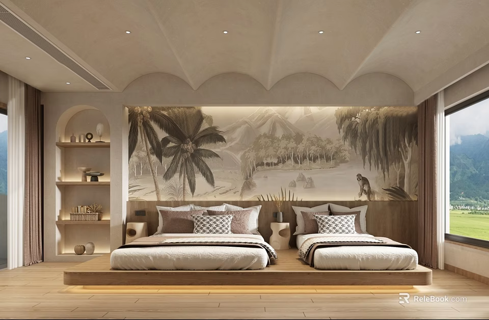 Hotel Guest Room With Twin Beds Decorative Wall Mural Wooden Floor And Large Window 3d model 