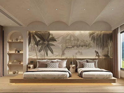 Hotel Guest Room With Twin Beds Decorative Wall Mural Wooden Floor And Large Window 3d model