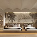 Hotel Guest Room With Twin Beds Decorative Wall Mural Wooden Floor And Large Window