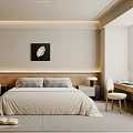 Modern Bedroom Interior Design With Wooden Headboard Beige Bedding And Feather Wall Art
