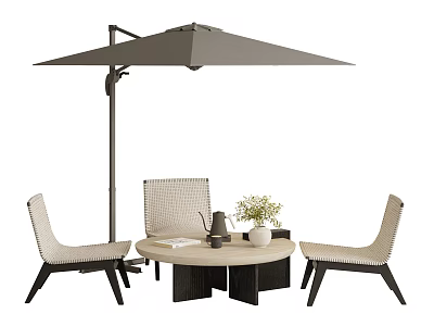 Round Modern Outdoor Table with Three Woven Chairs and Patio Umbrella Setup 3d model