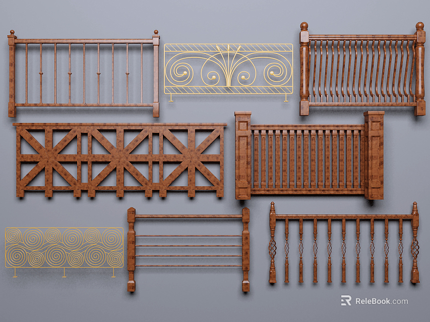 Various Wooden Fence Designs With Ornate Patterns And Cross Structures 3d model 