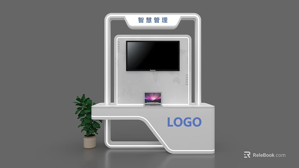 Modern Display Cabinet Shelf with TV Screen Laptop Smart Management Logo and Green Plant 3d model 