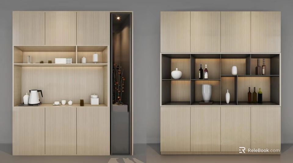 Modern Light Wood Decorative Cabinet With Open Shelves And Decorative Items 3d model 