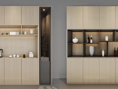 Modern Light Wood Decorative Cabinet With Open Shelves And Decorative Items 3d model