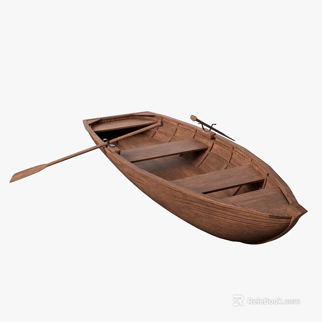 Traditional Wooden Boat With Plank Seats And Oar For Rowing 3d model 