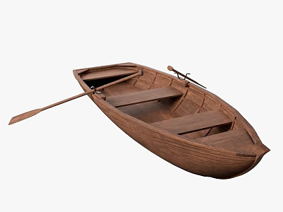 Traditional Wooden Boat With Plank Seats And Oar For Rowing 3d model