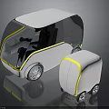 Two Modern Autonomous Concept Vehicles With White Body Yellow Stripes And Gray Wheels
