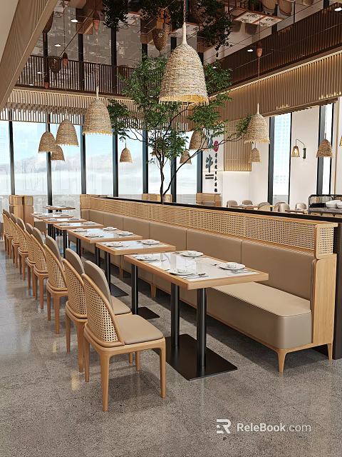 Modern Restaurant Interior With Wicker Pendant Lights Indoor Plant Large Windows And Rattan Chairs 3d model 