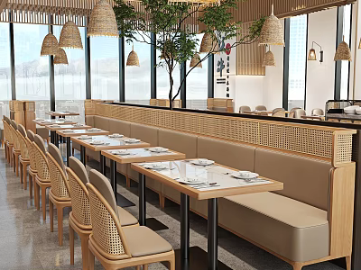 Modern Restaurant Interior With Wicker Pendant Lights Indoor Plant Large Windows And Rattan Chairs 3d model