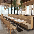 Modern Restaurant Interior With Wicker Pendant Lights Indoor Plant Large Windows And Rattan Chairs