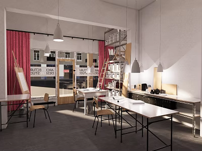 Modern Cultural Center Interior Design With Worktables Bookshelves And Pendant Lights 3d model