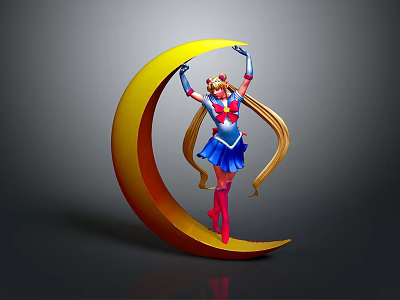 Colorful Game Character Standing On Yellow Moon With Long Blonde Hair Blue Skirt Red Boots 3d model