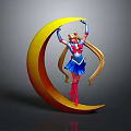 Colorful Game Character Standing On Yellow Moon With Long Blonde Hair Blue Skirt Red Boots