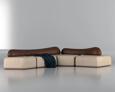 Modern Beige Modular Sectional Sofa With Brown Cushions And Dark Blue Blanket 3d model