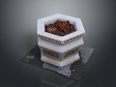 Hexagonal Stone Flower Pot With Carved Patterns On Square Black Base And Mulch Inside 3d model