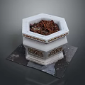 Hexagonal Stone Flower Pot With Carved Patterns On Square Black Base And Mulch Inside
