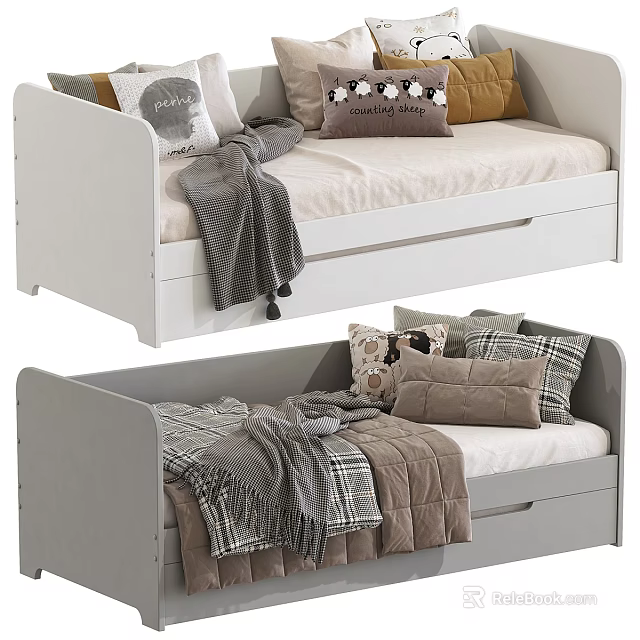 Children's Bed With White Grey Frame Soft Mattress Decorative Pillows And Cozy Blankets 3d model 