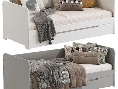 Children's Bed With White Grey Frame Soft Mattress Decorative Pillows And Cozy Blankets 3d model