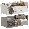 Children's Bed With White Grey Frame Soft Mattress Decorative Pillows And Cozy Blankets