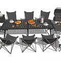 Outdoor Table with Black Folding Chairs Oranges Cups and BBQ Grill for Patio Gatherings