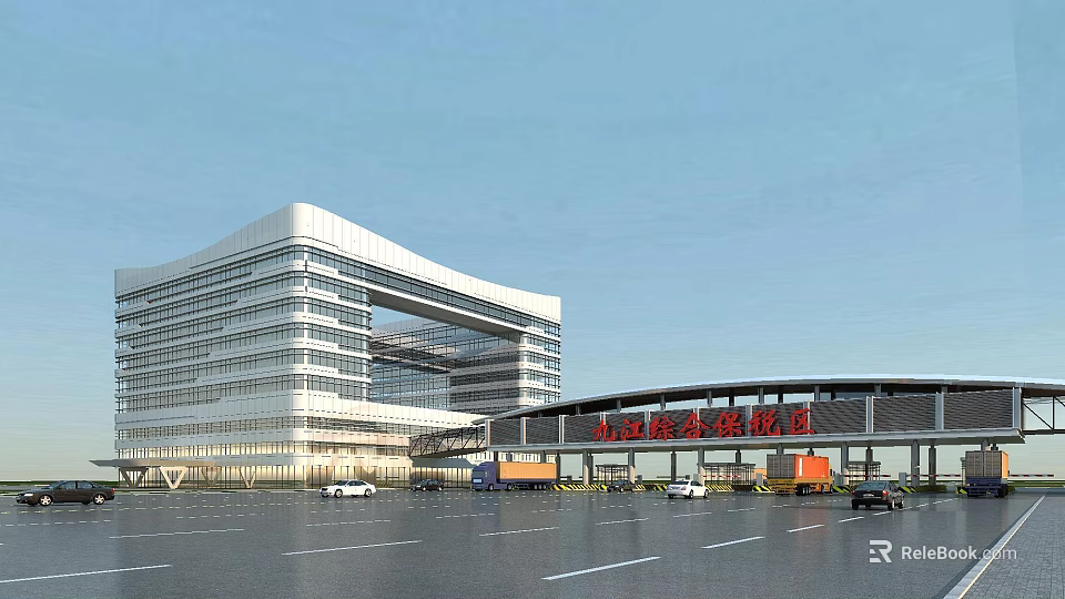 Bridge Near Sichuan Tianfu International Hospital With Modern Architecture Parking Lot And Vehicles 3d model 
