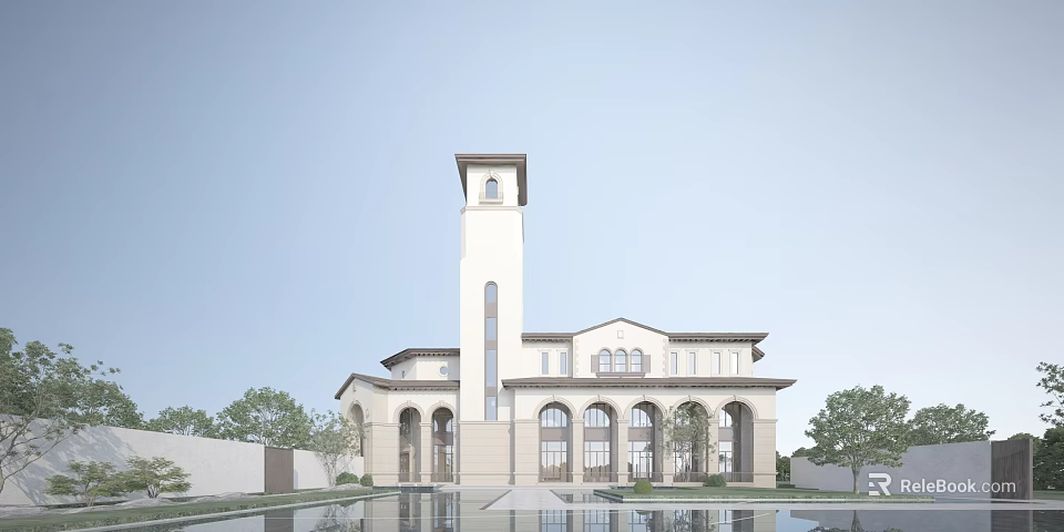 Classical Sales Office Building Architecture With Tower Structure Arched Windows And Water Pool 3d model 