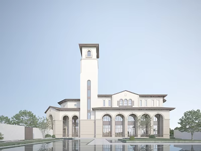 Classical Sales Office Building Architecture With Tower Structure Arched Windows And Water Pool 3d model